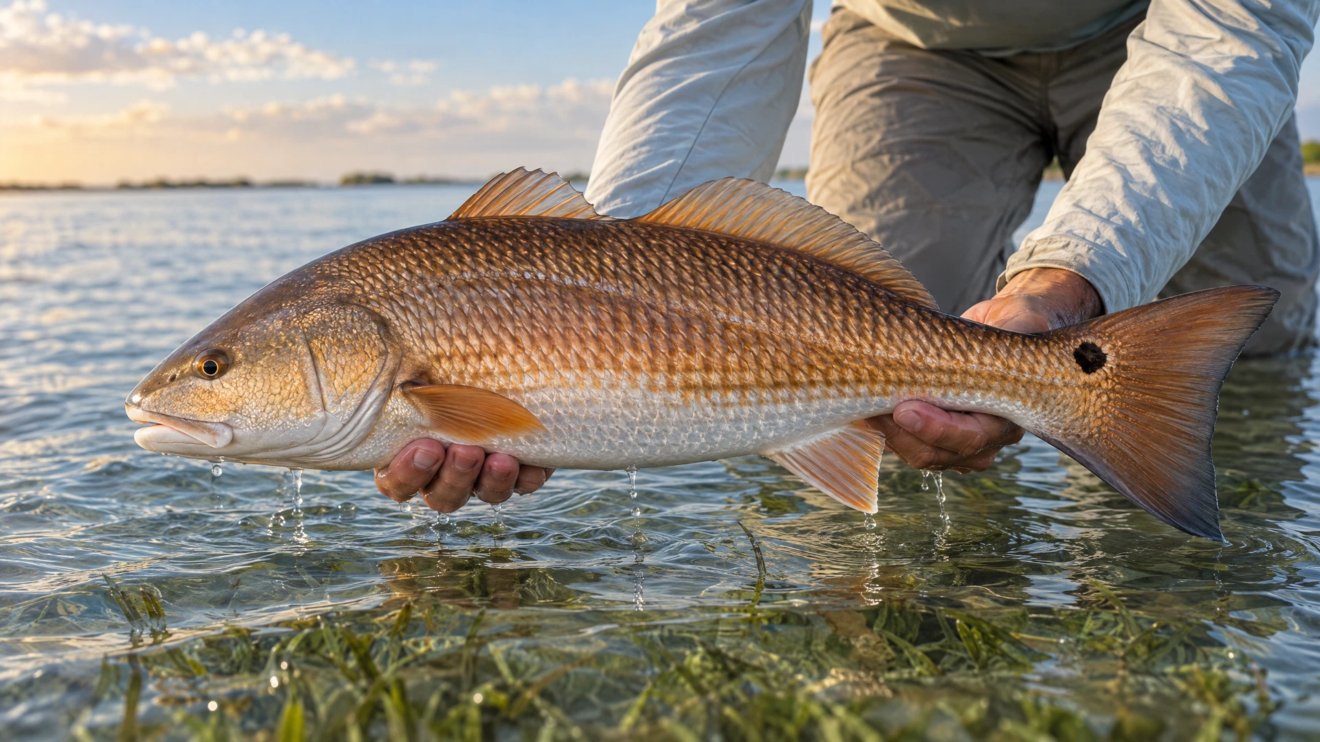 Copper redfish held above the shallow water of the Laguna Madre